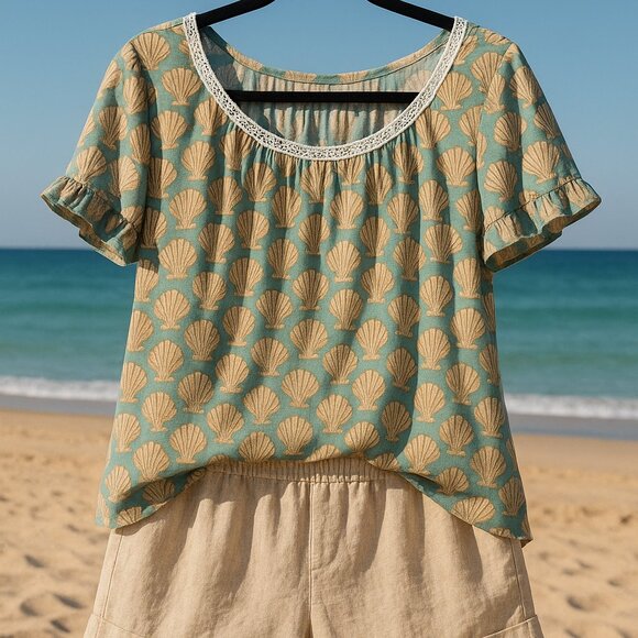 🐚 Vintage Seashell print Blouse – Coastal Boho Vibe - Picture 8 of 9